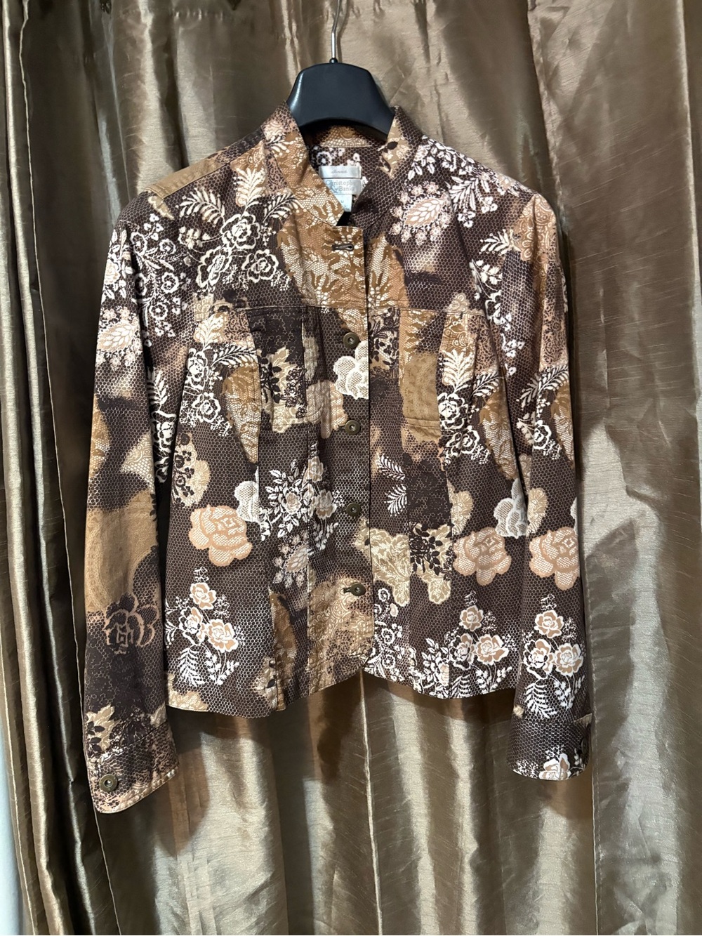 Christopher & Banks Brown and Tan Floral Patchwork Button-Front Shirt